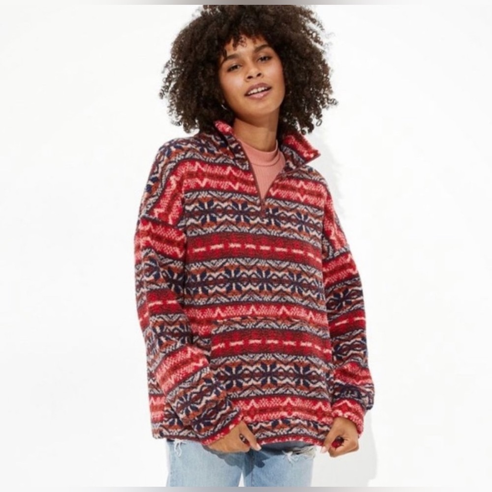 American Eagle Red Fairisle tribal fleece Sherpa pull over Sweater 1/4 zip sz.M - Picture 1 of 9